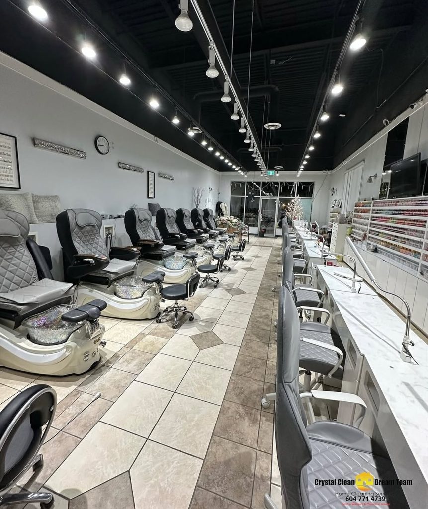 A photos of salon after cleaning showing spotless floors, shiny mirrors, and organized workstations