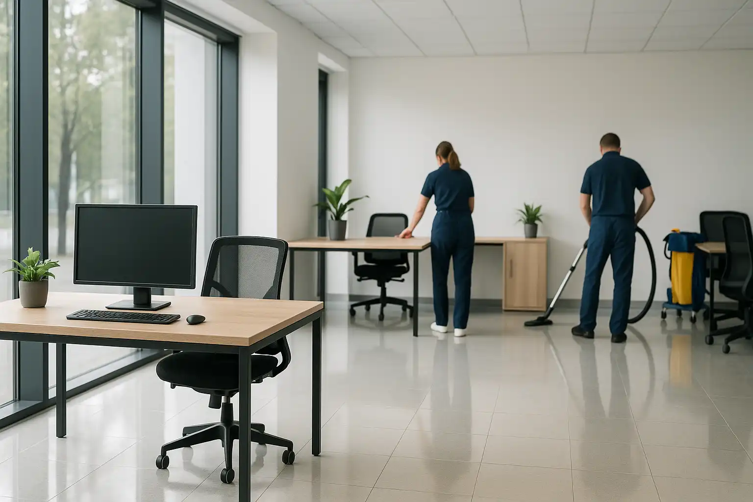 two cleaners finishing doing a deep clean of an office building in Surrey BC