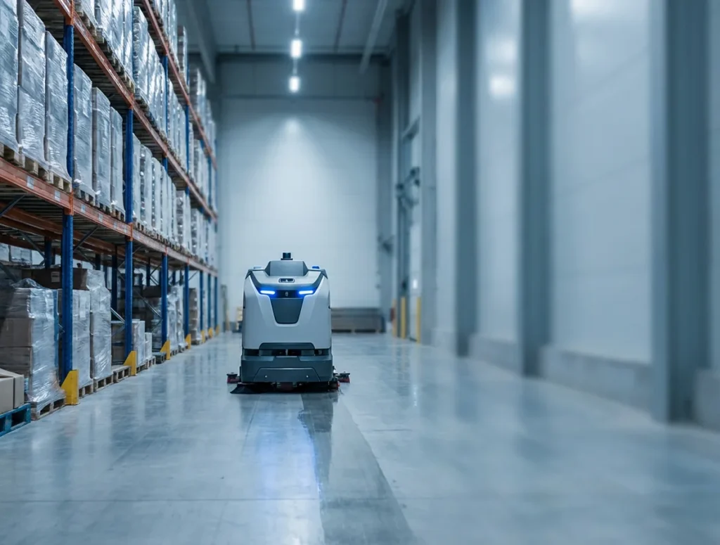 Robotic floor scrubber cleaning a warehouse aisle between pallet racks