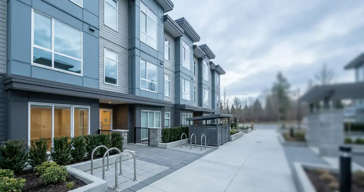 Townhome complex walkway and bike racks at a Surrey strata property