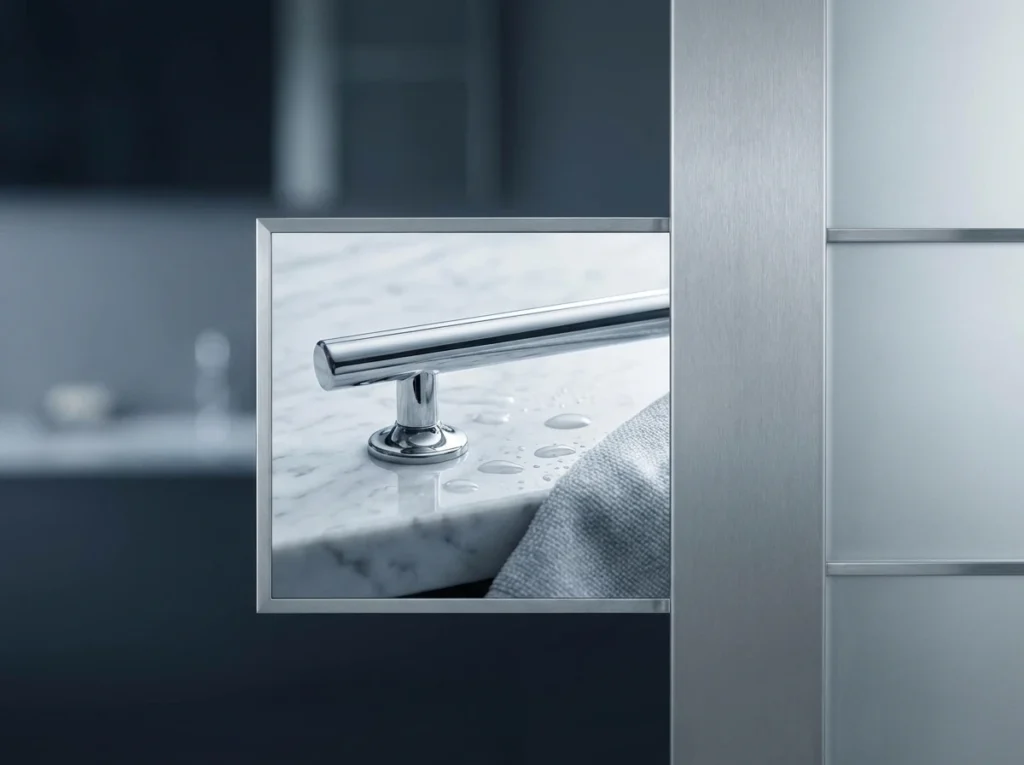 Polished chrome handle and marble counter wiped with a microfiber cloth during bank branch cleaning