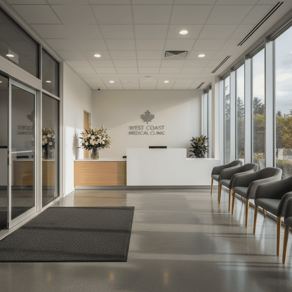Clean modern medical clinic waiting room in Surrey BC ready for patients