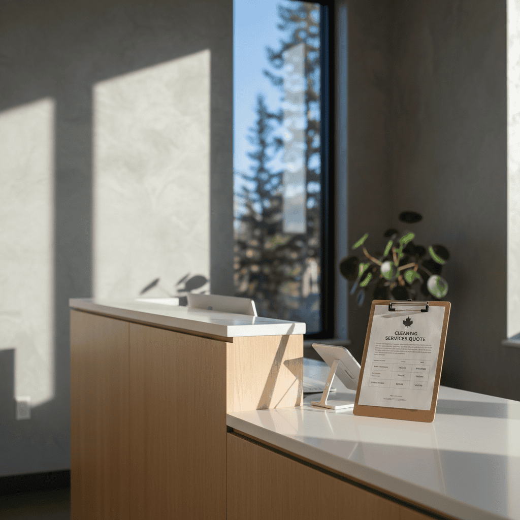 Cleaning service quote document on a clipboard at a Surrey medical clinic reception desk